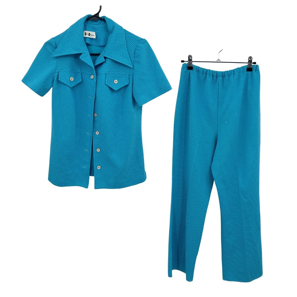 70s Retro Polka‎ Dot Pant Set Short Sleeve Button Up Small Blue Mod Disco Kitsch